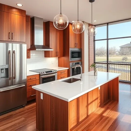 Beautiful modern Arlington TX kitchen with stainless steel appliances, white quartz countertops, wood cabinetry, subway tile backsplash, and hardwood floors