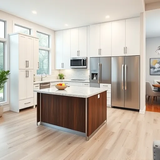 Modern Hurst TX kitchen with white matte cabinetry, quartz countertops, dark wood island, stainless steel appliances, hardwood floors, and large windows