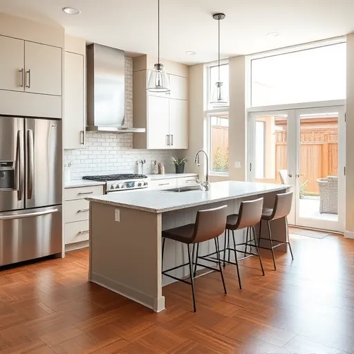 Recently remodeled Westworth Village TX kitchen with modern matte cabinets stainless steel appliances quartz countertops subway tile backsplash granite island hardwood floors minimal sunlight