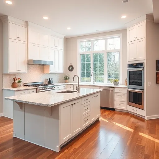 Modern kitchen remodel in Bedford, TX featuring white cabinetry, granite island, stainless steel appliances, and hardwood flooring.