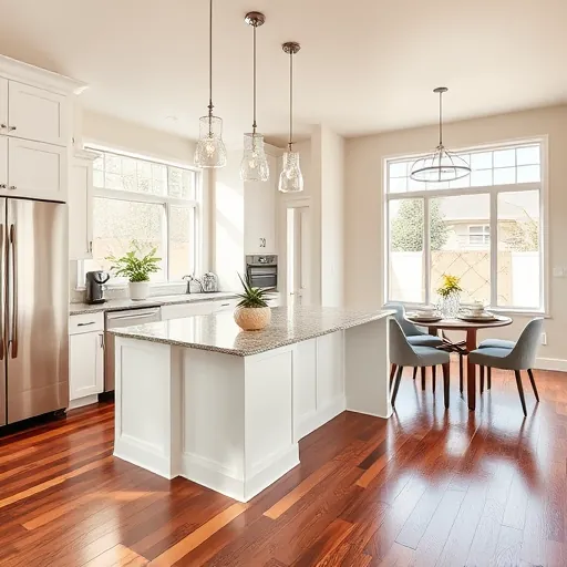 Modern kitchen in Hurst TX featuring sleek cabinetry, spacious granite island, and warm hardwood floors, reflecting elegance.