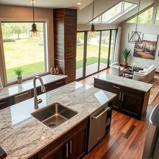 Modern kitchen in Keller TX with dark wood cabinetry, granite countertops, stainless steel appliances, and natural light.
