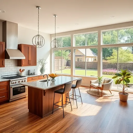 Modern kitchen remodel in Colleyville TX featuring walnut cabinetry, granite countertops, and spacious living area with natural light.