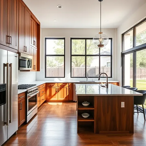 Modern kitchen in Grapevine TX with wood finish cabinets stainless steel appliances quartz island and natural light