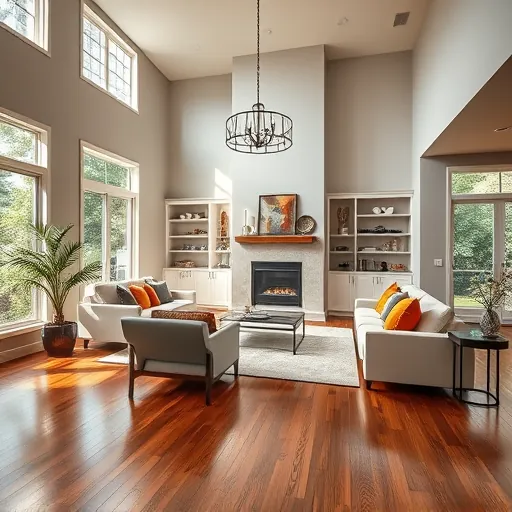 Contemporary living room in Grapevine TX featuring high ceilings, hardwood floors, sleek fireplace, and stylish decor.