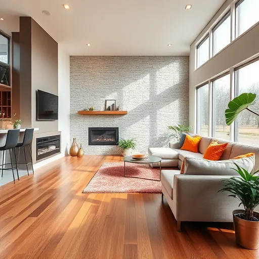 Modern living room remodel in Keller TX features hardwood floors, large windows, minimalist fireplace, and stylish decor.