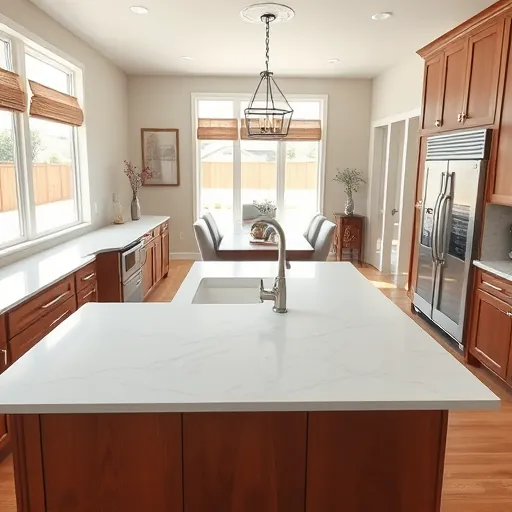 Modern Argyle TX kitchen with white granite counters, wooden island, stainless appliances, natural light, and landscaped backyard