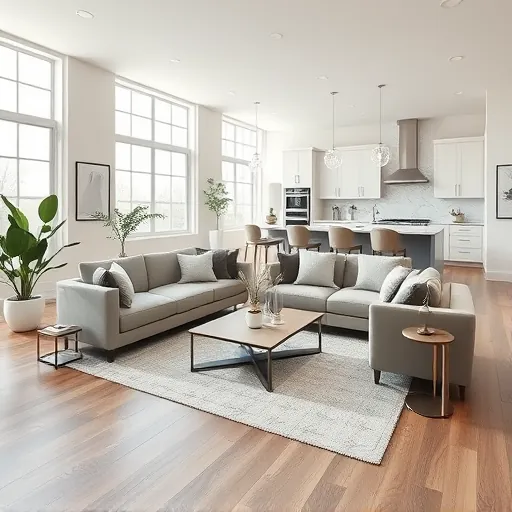 Bright airy living room remodel in Bedford TX featuring modern furnishings, large windows, and an open-concept kitchen.