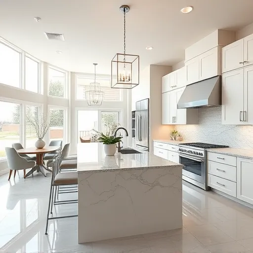 Renovated Southlake TX modern kitchen with granite counters, large island, stainless steel appliances, natural light, and elegant decor