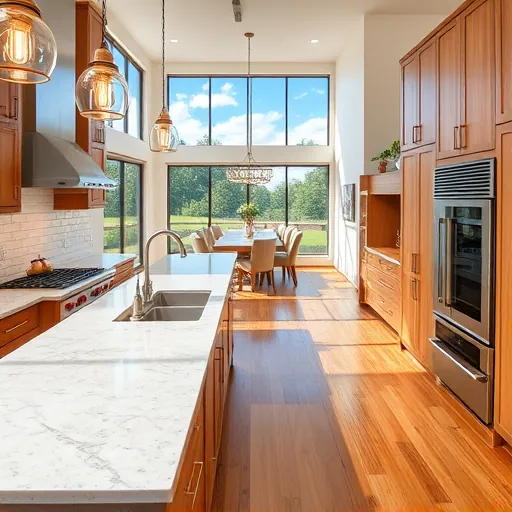 Completed trophy club TX kitchen with granite countertops stainless steel appliances custom wood cabinets large island pendant lighting subway tile backsplash hardwood floors open-concept design