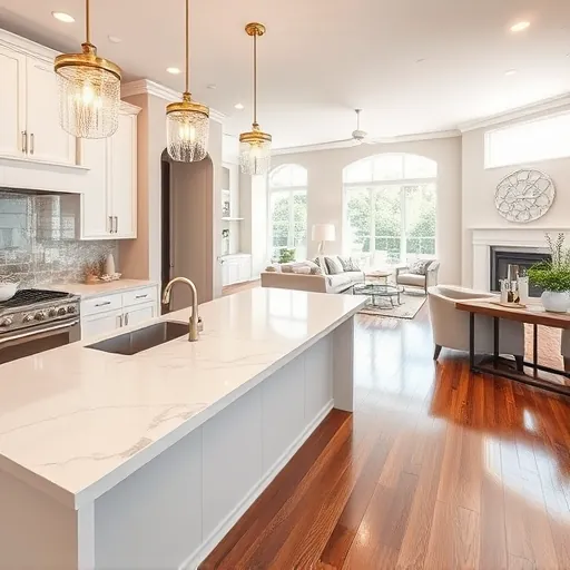Modern kitchen remodel in Southlake TX with marble countertops, high-end appliances, and stylish living area.