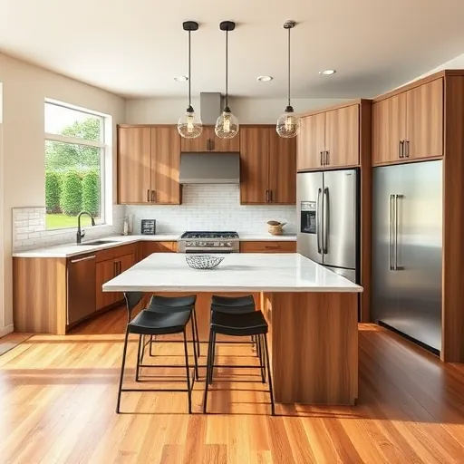Modern Saginaw TX kitchen with warm wood cabinets, matte black hardware, quartz countertops, stainless steel appliances, hardwood floors, and large windows.