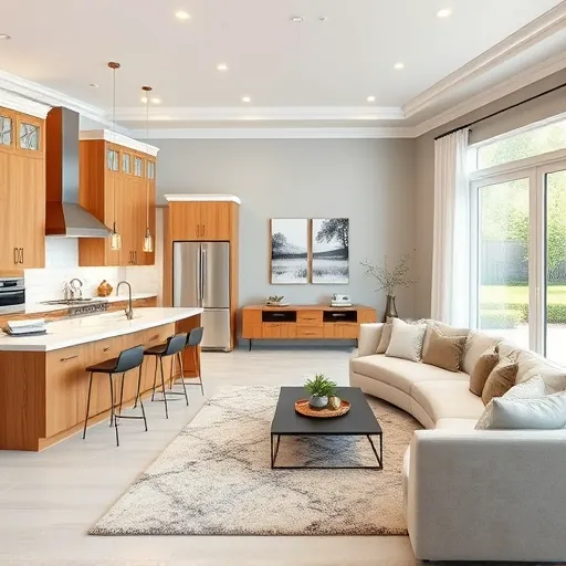 Modern kitchen and living area in Keller TX with light oak cabinets, marble countertops, and natural lighting.