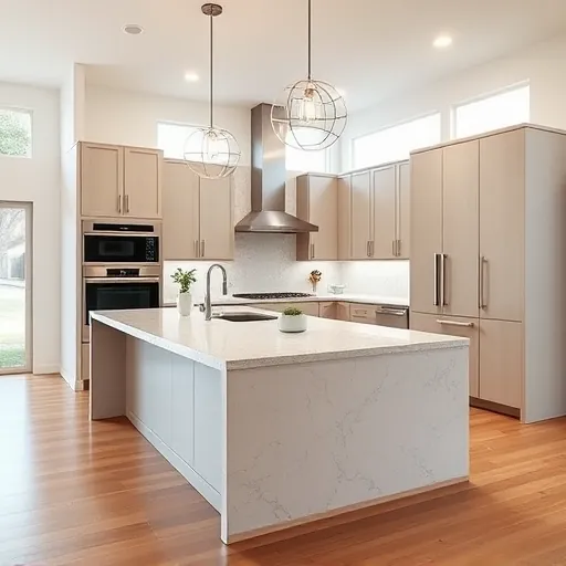 Modern remodeled kitchen in Grapevine TX with sleek cabinets granite countertops stainless steel appliances large central island pendant lighting hardwood floors natural light