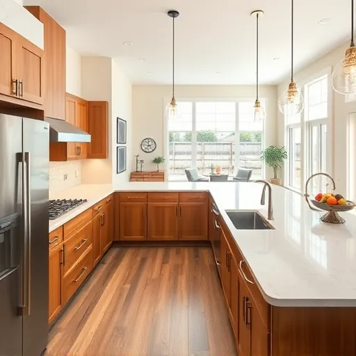 Renovated Highland Village Texas kitchen with quartz countertops stainless steel appliances custom wood cabinets large island pendant lighting textured backsplash and open living area