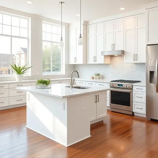 Recently remodeled white Settlement Texas kitchen with white cabinetry, quartz island, stainless steel appliances, hardwood floors, and modern decor