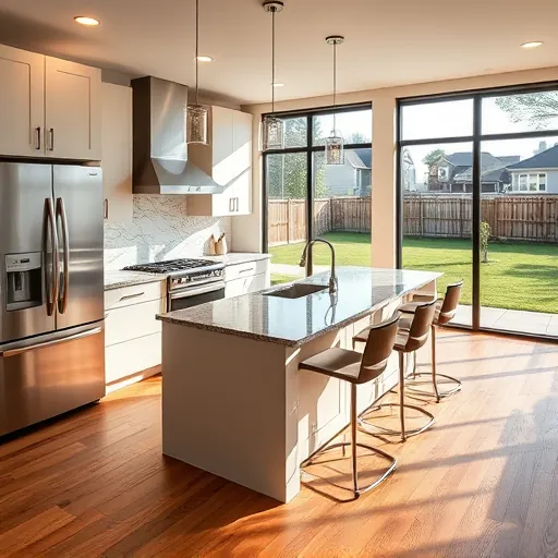 Modern Fort Worth kitchen remodel with sleek cabinetry, stainless steel appliances, granite countertops, and warm lighting.