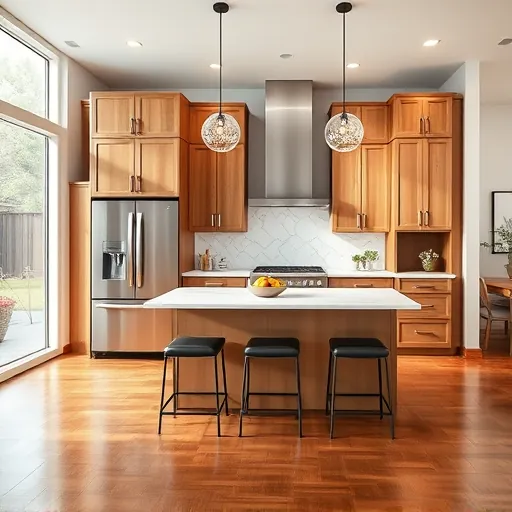 Remodeled Corinth Texas kitchen with warm wood cabinets quartz countertops marble backsplash stainless steel appliances hardwood floors pendant lights open layout and decorative touches