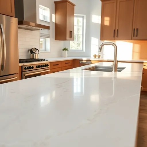 Finished modern kitchen with sleek ceramic tiles, glossy patterns, natural light, granite counters, stainless steel appliances