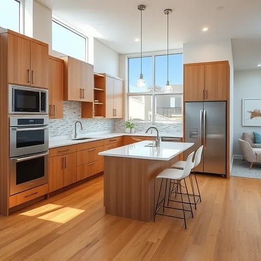 Modern kitchen in Roanoke TX with warm wood cabinets quartz countertops stainless steel appliances and large windows