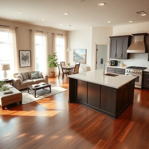 Completed home remodeling project in Hurst TX with open-concept living area featuring a sleek kitchen and cozy decor.