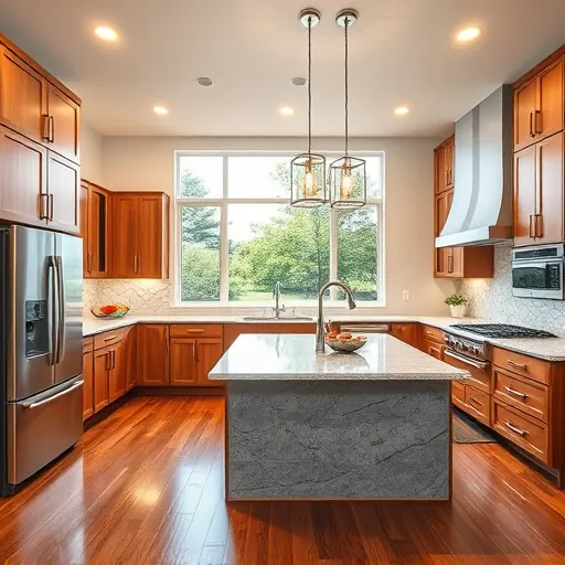 Renovated Roanoke TX kitchen with granite countertops stainless steel appliances wooden cabinets large island pendant lighting and lush outdoor view