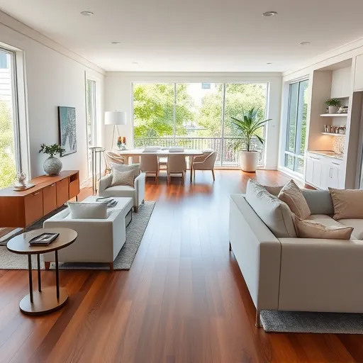 Elegant open-concept living area in Trophy Club TX featuring modern furnishings, large windows, and a sleek kitchen.