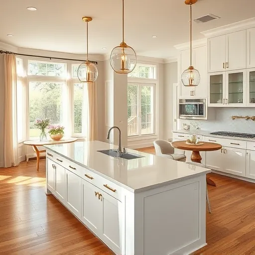 Modern River Oaks kitchen with white cabinetry, quartz countertops, sleek island, and cozy dining nook in neutral tones.