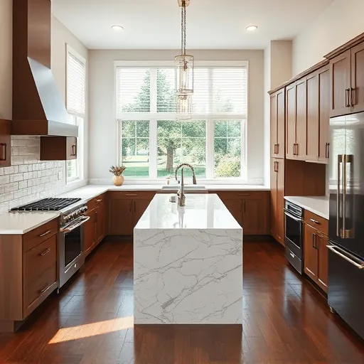 Remodeled Bedford TX kitchen with granite countertops stainless steel appliances wooden cabinets marble island and backyard view