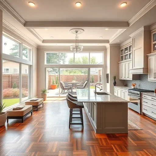 Home remodeling in Arlington TX showcasing an elegant open-concept living space with modern kitchen and landscaped backyard.