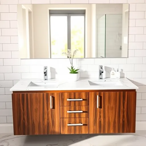 Modern bathroom vanity with marble countertops, dark wood cabinet, undermount sinks, chrome fixtures, and white subway tile in Fort Worth