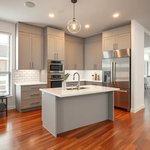 Completed modern kitchen remodel in Euless TX with sleek matte cabinetry quartz countertops stainless steel appliances hardwood floors and natural light