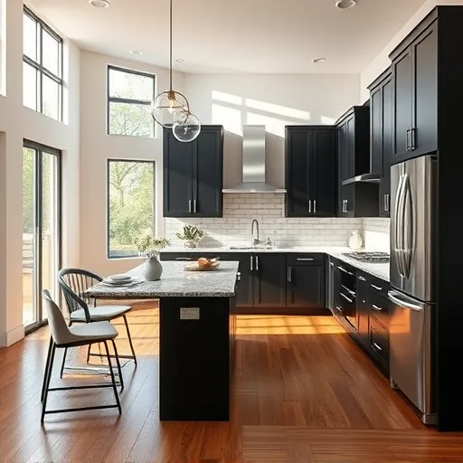 Beautiful renovated Saginaw TX kitchen with matte black cabinets, granite island, stainless steel appliances, subway tiles, wood floors, and natural light