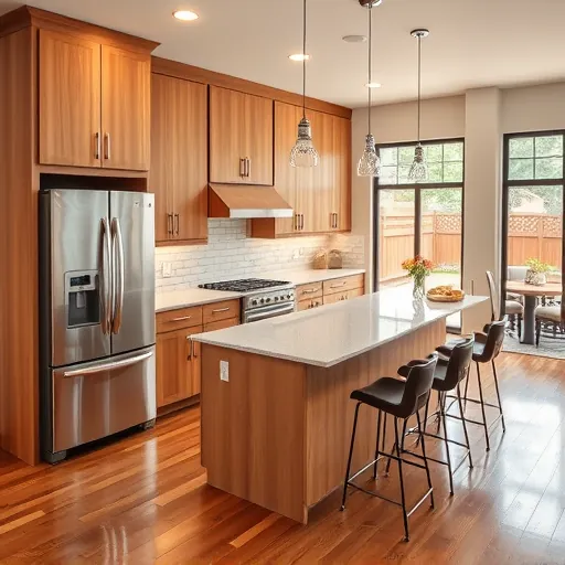 Beautiful modern kitchen in Watauga TX with warm wood cabinetry, quartz countertops, stainless steel appliances, and large windows