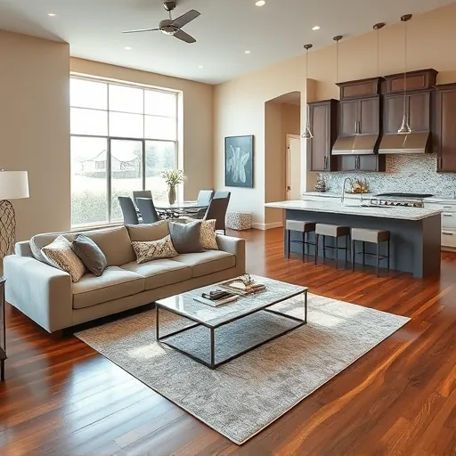 Home remodeling in Corinth TX featuring open-concept living room and modern kitchen with elegant finishes and warm colors.