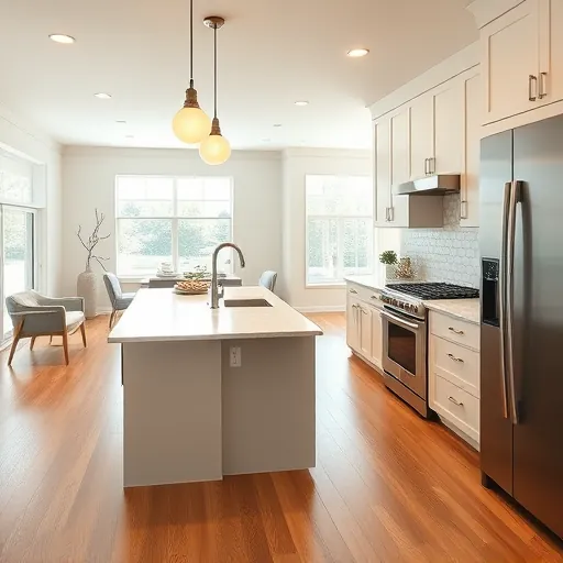 Remodeled Trophy Club TX kitchen with matte modern cabinets marble island stainless appliances herringbone subway tiles hardwood floor and natural light