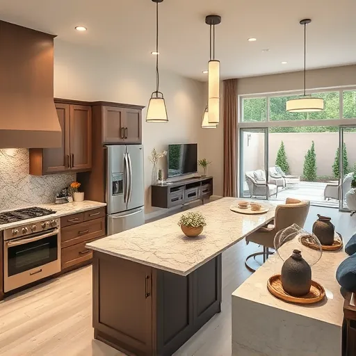 Stylish Trophy Club kitchen with sleek cabinetry, polished granite, and spacious island, brightened by elegant lighting.