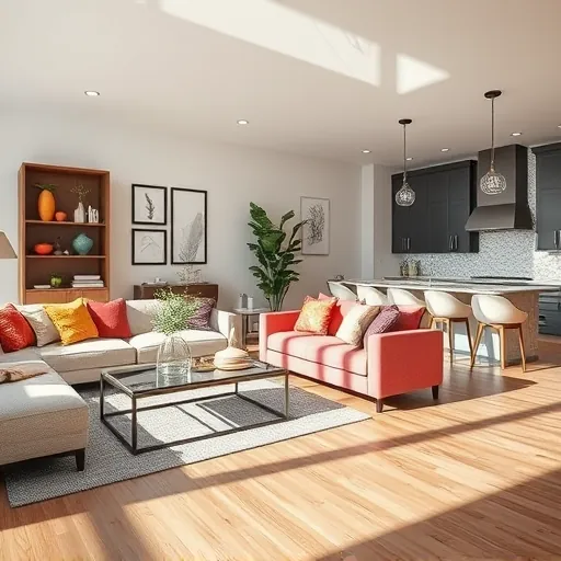 Modern living room in Euless TX with open layout, hardwood flooring, bright windows, stylish decor, and integrated kitchen.