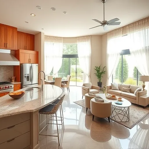 Completed home remodeling project in Saginaw TX featuring modern kitchen, open living area, and serene decor.