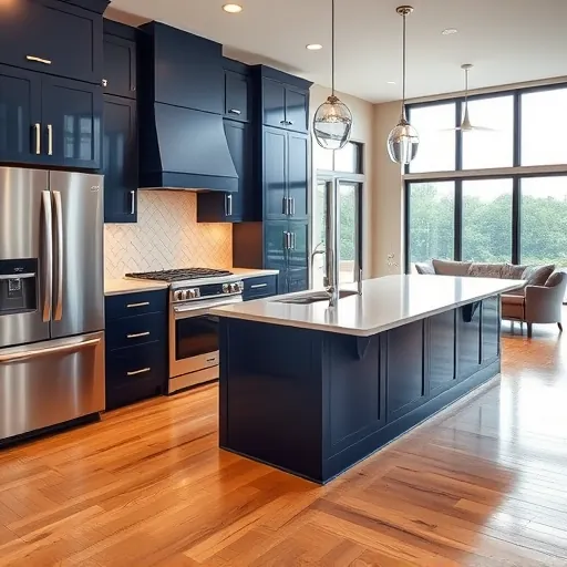 Beautiful modern kitchen remodel in Blue Mound TX with navy blue cabinetry, stainless steel appliances, quartz island, geometric backsplash, and hardwood floors