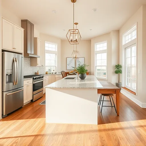 Modern remodeled kitchen in Roanoke TX with sleek matte cabinets, stainless steel appliances, granite countertops, mosaic backsplash, hardwood floors, and open-concept design.