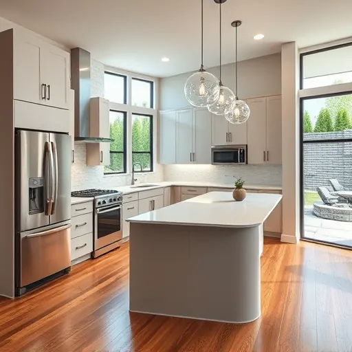 Modern kitchen remodel in Benbrook TX with matte cabinetry quartz island high-end appliances hardwood floors and natural light