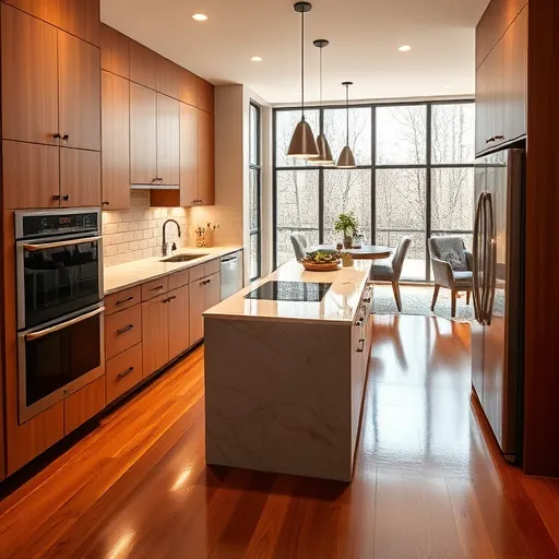 Modern renovated Edgecliff Village kitchen with warm wood cabinets, black hardware, marble countertops, stainless steel appliances, hardwood floors, and natural light