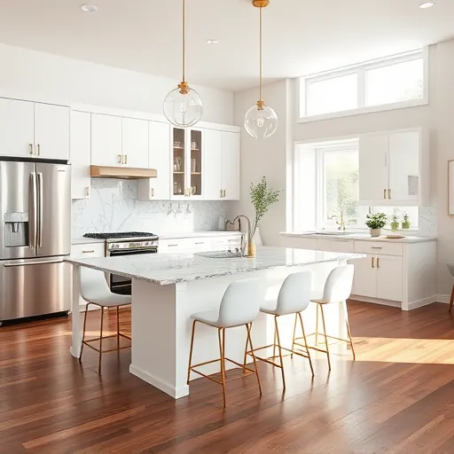 Modern kitchen remodel in Corinth TX with matte white cabinetry quartz island stainless steel appliances and hardwood floors.
