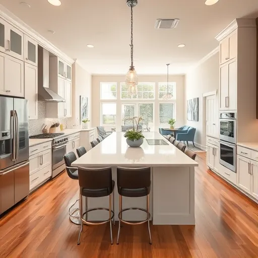 Modern kitchen in Haltom City TX with white cabinets, quartz countertops, stainless appliances, and natural light.