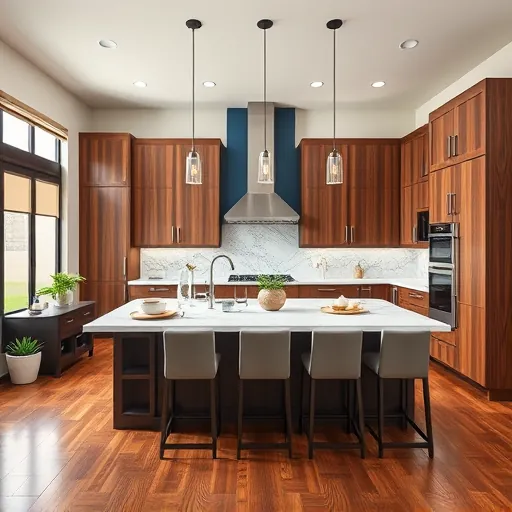 Modern kitchen in Roanoke TX featuring walnut cabinetry, quartz countertops, and polished hardwood floors inviting relaxation.