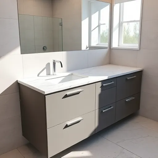 Modern bathroom vanity with marble countertop, matte cabinetry, LED lighting, neutral tiles, and natural light in Fort Worth