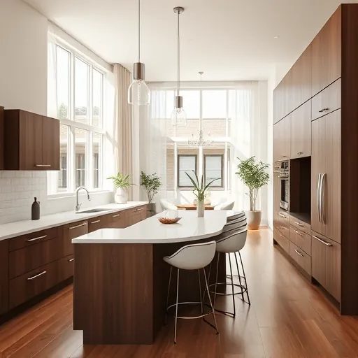 Rendon TX kitchen remodeling with dark wood cabinetry, white quartz countertop, modern lighting, and natural decor elements.