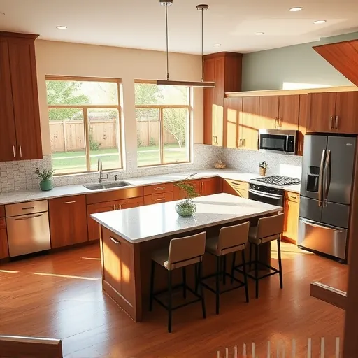 Modern kitchen remodel in Fort Worth with navy cabinetry, stainless steel appliances, marble island, and hardwood floors.
