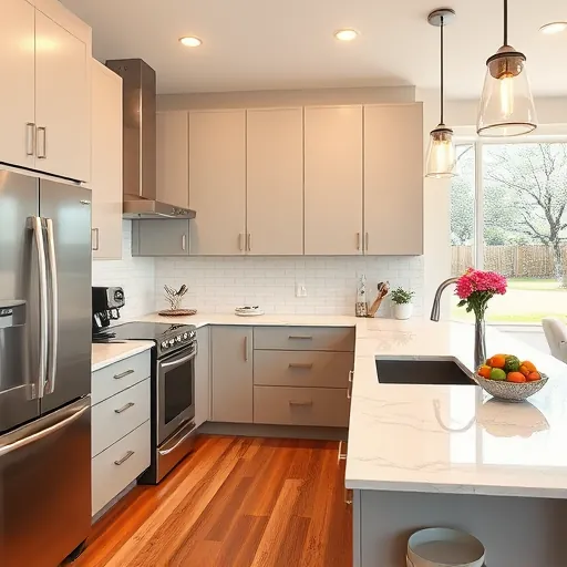 Remodeled Watauga TX modern kitchen with matte cabinets stainless appliances quartz counters flowers and natural light